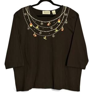 Y2K Extra Shenanigans 3X Christmas Top Black Embroidered Ornaments Plus Size